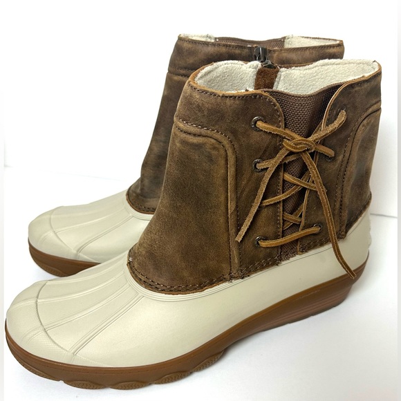 SPERRY 12M Saltwater Spray Wedge Waterproof Rain Duck Boots Ivory Brown Quarter - Picture 9 of 15